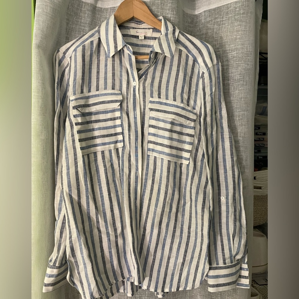 Vince Camuto Blue and White Striped Linen Blouse, Size S